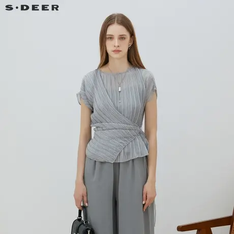 sdeer圣迪奥2023夏装女装圆领肌理收腰吊带两件套衬衫S23260410商品大图