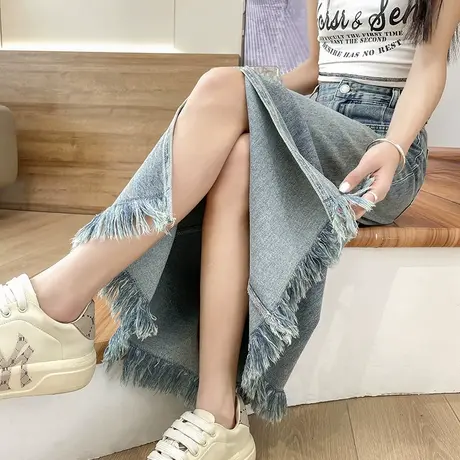 复古毛边开叉牛仔半身裙女2025新款夏季高腰设计感流苏a字中长裙图片