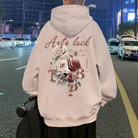重磅纯棉连帽卫衣男春秋季新款美式玫瑰印花宽松休闲帽衫男装外套图片