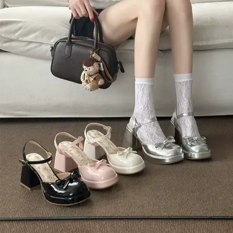 绝美不累脚包头凉鞋女款夏季2025新款法式蝴蝶结粗跟玛丽珍高跟鞋图片