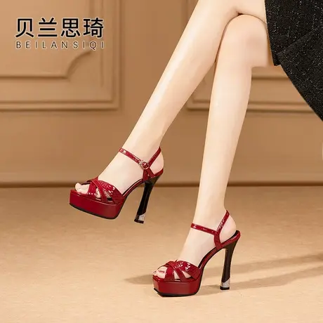真皮一字带方头厚底粗跟凉鞋女2025夏季新款防水台超高跟凉鞋图片