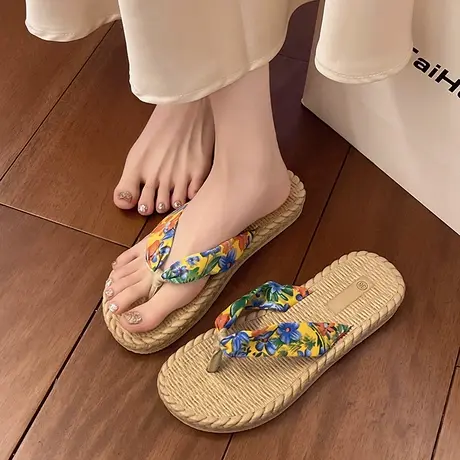 时尚花朵人字拖女夏季波西米亚风沙滩度假防滑外穿平底夹脚凉拖鞋商品大图