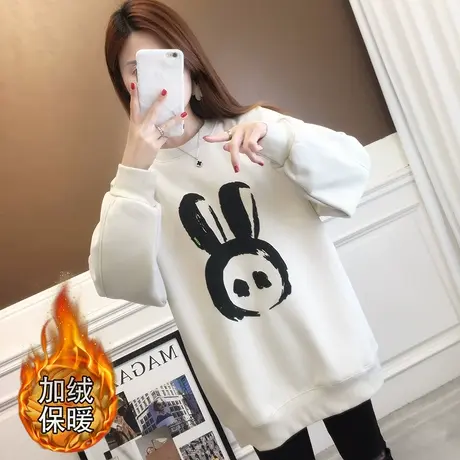 中长款女士圆领加绒加厚卫衣女宽松秋冬2023新款印花兔子减龄上衣图片