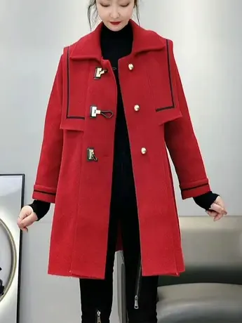 海军领风衣毛呢大衣女秋冬新款保暖中长款宽松赫本女士双面呢外套图片