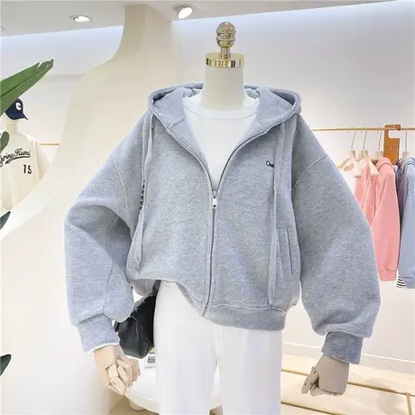 卫衣女春秋薄款短款韩版简约刺绣字母宽松显瘦大码连帽拉链开衫潮商品大图