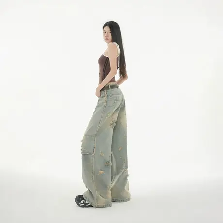 美式复古街头风破洞拼接做旧牛仔裤女春秋新款休闲宽松阔腿长裤图片