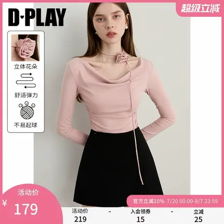DPLAY2025年秋季新款粉色t恤女独特荡领花朵飘带修身长袖上衣商品大图