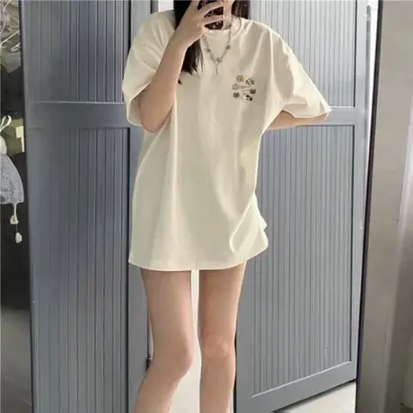 2025新款盐系t恤上衣ins夏季前后印花正肩宽松纯棉短袖女款学院风商品大图