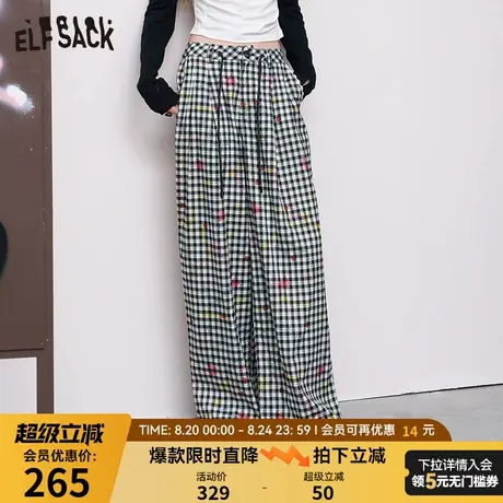 妖精的口袋韩系涂鸦格子阔腿裤女2025早秋新款宽松休闲慵懒感裤子商品大图