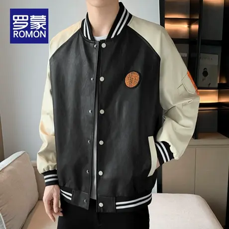 罗蒙夹克男士秋冬新款美式潮牌PU皮棒球服休闲上衣宽松飞行员外套图片