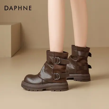 达芙妮棕色短靴女2025新款秋冬短筒骑士靴百搭靴子女鞋厚底马丁靴图片