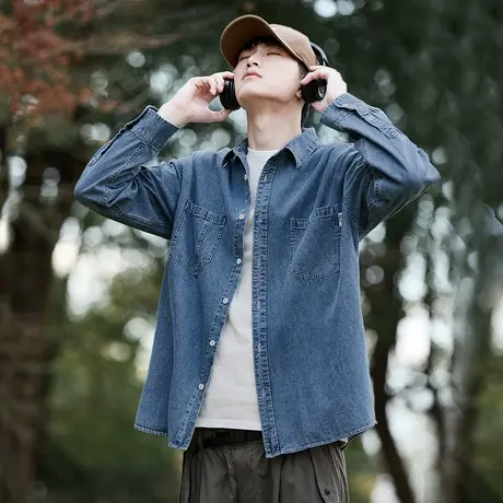 唐狮春秋新款牛仔长袖衬衫男高级感日系休闲宽松百搭衬衣外套TMTA图片