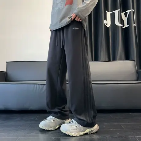 唐狮秋冬新款男休闲长裤宽松直筒阔腿裤黑条纹拼接潮牌运动卫裤TE商品大图