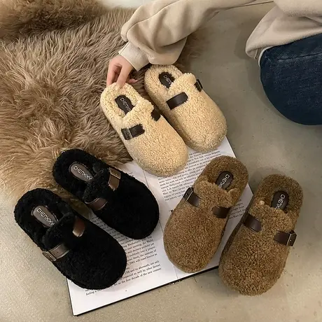网红毛毛拖鞋女外穿2023新款秋冬季勃肯鞋包头半拖鞋厚底毛绒棉拖商品大图