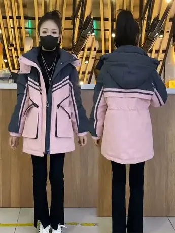 收腰羽绒服女冲锋衣新品2023秋冬韩版时尚连帽中长款保暖撞色外套商品大图