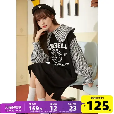 【加菲猫】唐狮长袖连衣裙女春秋新款娃娃领格子长裙黑色卫衣裙q4图片