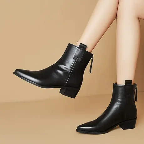 真皮头层牛皮短靴女粗跟中跟舒适简约后拉链皮里女靴软面软皮靴子图片