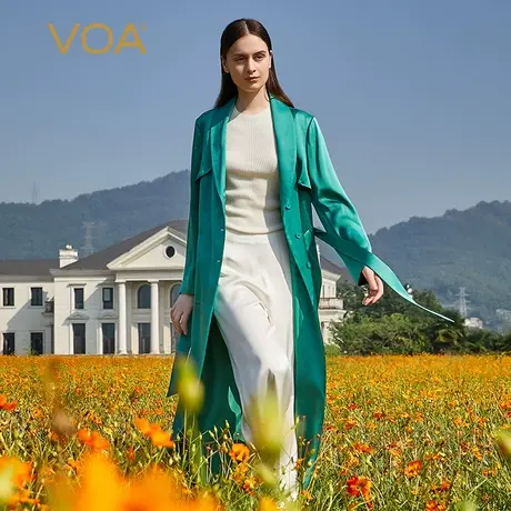 VOA40姆米重磅真丝双面缎军绿青果领三粒扣绑带收腰桑蚕丝外套商品大图