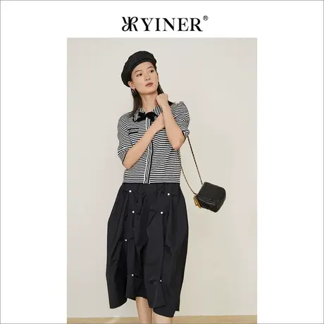 YINER音儿奥莱女装冬季条纹半袖娃娃领针织开衫商品大图