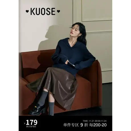 阔色藏蓝色小翻领针织衫女2023秋冬季新款短款内搭套头加厚毛衣商品大图