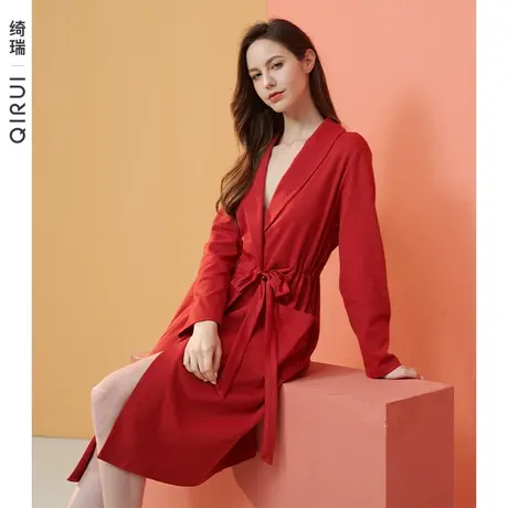绮瑞睡袍女秋款纯棉长袖红色睡衣女士春秋季喜庆新婚晨袍中长裙子商品大图