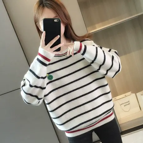 条纹软糯套头毛衣女秋冬新款打底衫爆款洋气慵懒风针织衫宽松上衣图片
