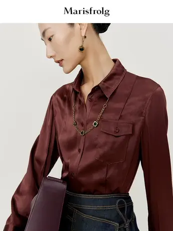 【言选好物】玛丝菲尔春季新款深咖色缎面衬衫优雅有气质商品大图