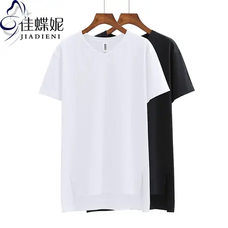 夏季新款韩版纯白V领宽松中长款破边不规则开叉短袖体恤上衣女装商品大图