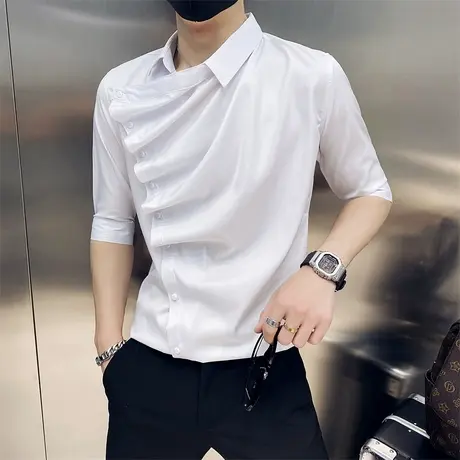 发型师个性潮牌时髦短袖男韩版修身七分袖衬衫修身型帅气网红衬衣商品大图