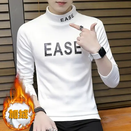 男士长袖t恤秋冬装韩版加绒半高领潮流加厚打底衫卫衣保暖上衣服商品大图