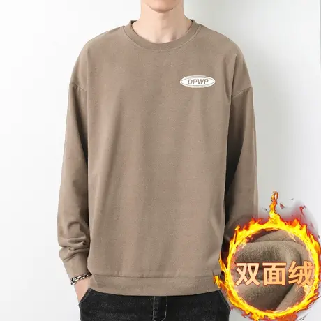 圆领卫衣男秋冬款套头无帽上衣服宽松潮流加绒保暖双面绒长袖t恤商品大图