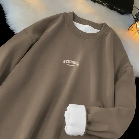 450g美式重磅卫衣男生圆领潮流宽松无帽秋冬款摇粒绒加厚长袖t恤商品大图