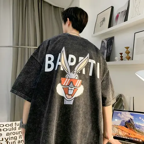 短袖t恤男2024夏季新款纯棉宽松兔子卡通打底衫潮流复古水洗体恤商品大图