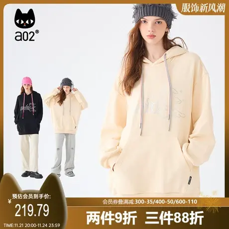 a02加绒秋冬连帽套头卫衣女款猫耳宽松印花美式卡通潮流长袖上衣商品大图