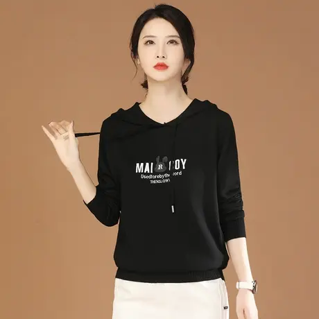 韩潮袭人连帽字母刺绣针织衫上衣女2023秋季新款宽松休闲毛衣上衣图片