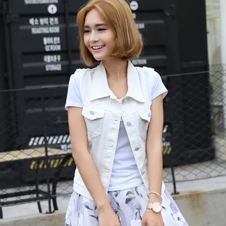 春夏新款短款无袖牛仔马甲背心小外套夏白色蕾丝镂空上衣S12图片