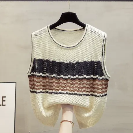 镂空圆领条纹针织马甲背心女2023秋装新款宽松外穿马夹毛衣坎肩潮图片