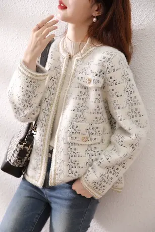 圆领水貂绒毛衣外套女2023秋冬新款外穿上衣外搭小香风针织开衫潮商品大图