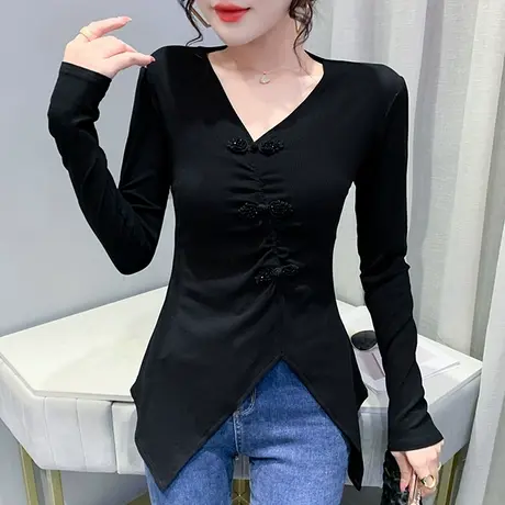性感V领复古打底衫中国风女装设计感开叉上衣洋气不规则T恤长袖潮商品大图