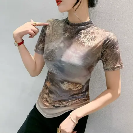 复古印花T恤女短袖时尚设计感小众别致上衣半高领网纱打底小衫潮商品大图