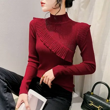 设计感不规则荷叶边T恤女长袖性感烫钻半高领针织衫洋气修身毛衣商品大图