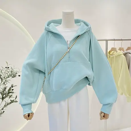 简约百搭半拉链连帽卫衣女2023春秋设计感小众宽松纯色上衣外套图片