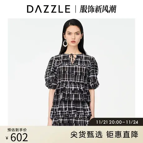 DAZZLE地素奥莱 夏季法式泡泡袖格纹连衣裙蛋糕裙女商品大图