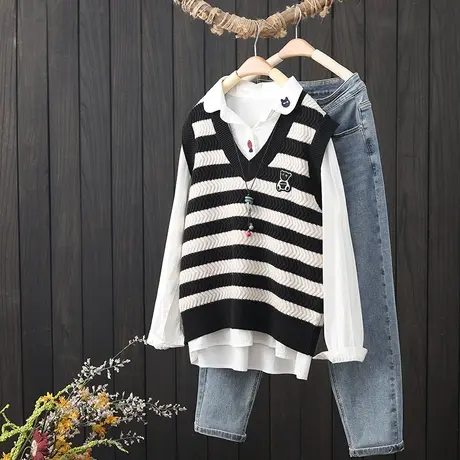 拼色条纹针织马甲背心女士秋装新款叠穿V领套头宽松无袖毛衣坎肩图片