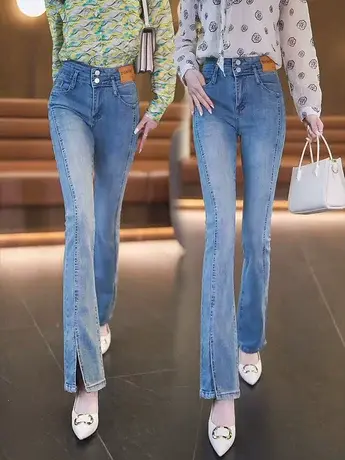 2023春季新款开叉微喇牛仔裤百搭显瘦裤子时尚高腰微喇叭长裤女潮商品大图