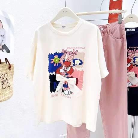 ins甜美花朵蝴蝶结奶呼呼兔子短袖上衣夏季新款韩国东大门别致T恤商品大图