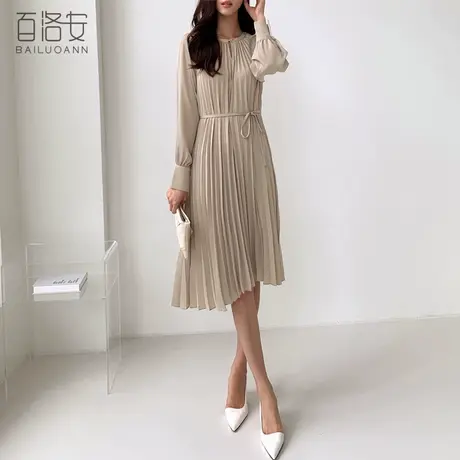 百洛安时尚宽松系带收腰连衣裙女春新款气质优雅圆领长袖百褶长裙图片
