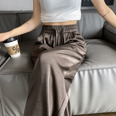 咖色阔腿冰丝裤女夏季薄款松紧抽绳百搭垂感宽松直筒防晒拖地裤潮图片