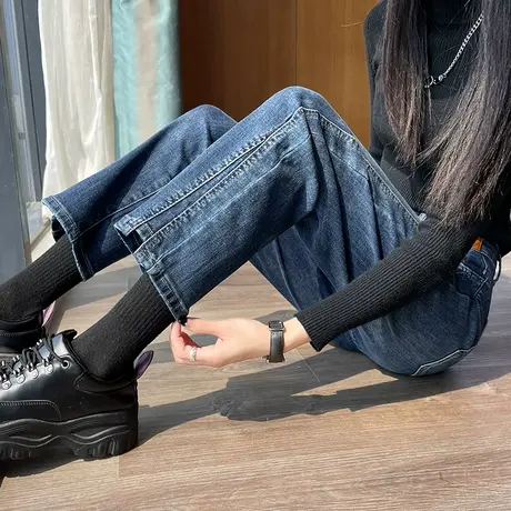 直筒牛仔裤女秋冬2024年新款高腰宽松显瘦九分小个子加绒烟管裤潮商品大图