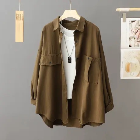 咖啡色休闲衬衫式外套女宽松中长款大码春秋季2024新款上衣衬衣潮商品大图